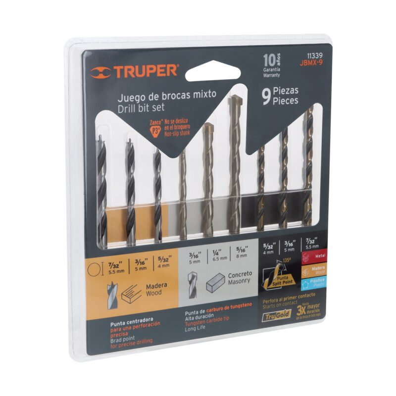 JBMX-9.jpg Código: 11339 Juego de 9 brocas para metal, concreto y madera, Truper JBMX-9