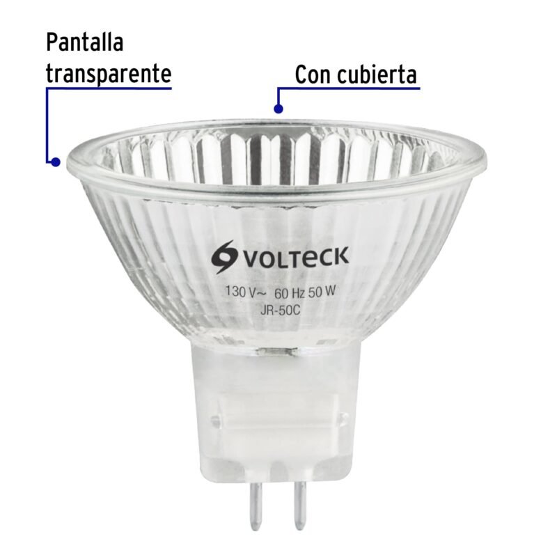 JR-50CFC1.jpg Código: 47254 Lámpara de halógeno transp. 50 W tipo MR16 en caja, Volteck JR-50C
