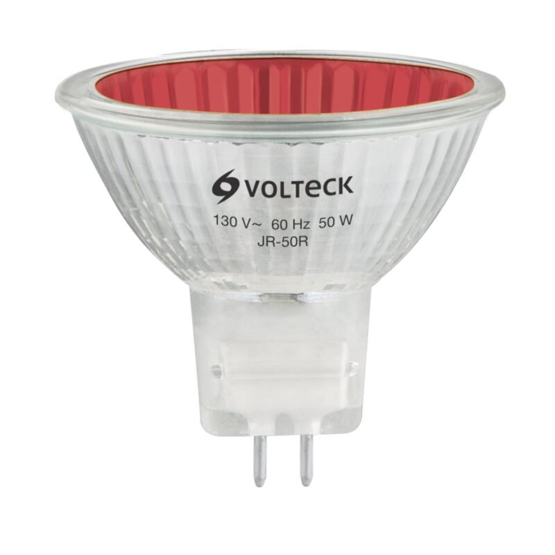 JR-50R.jpg Código: 47255 Lámpara de halógeno rojo 50 W tipo MR16 en caja, Volteck JR-50R