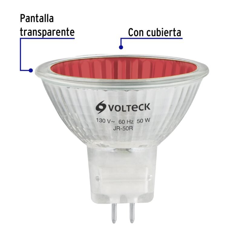 JR-50RFC1.jpg Código: 47255 Lámpara de halógeno rojo 50 W tipo MR16 en caja, Volteck JR-50R