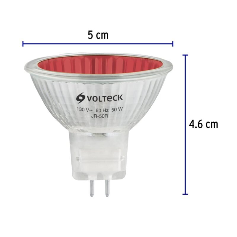 JR-50RFC2.jpg Código: 47255 Lámpara de halógeno rojo 50 W tipo MR16 en caja, Volteck JR-50R
