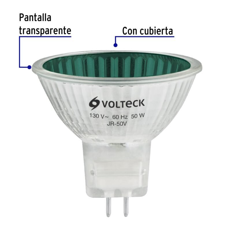 JR-50VFC1.jpg Código: 47257 Lámpara de halógeno verde 50 W tipo MR16 en caja, Volteck JR-50V