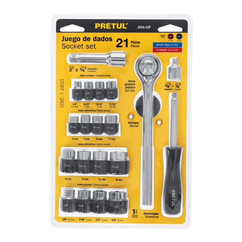 JUDA-25P.jpg Código: 21162 Juego de 21 herramientas 1/4' y 3/8' para mecánico, Pretul JUDA-25P