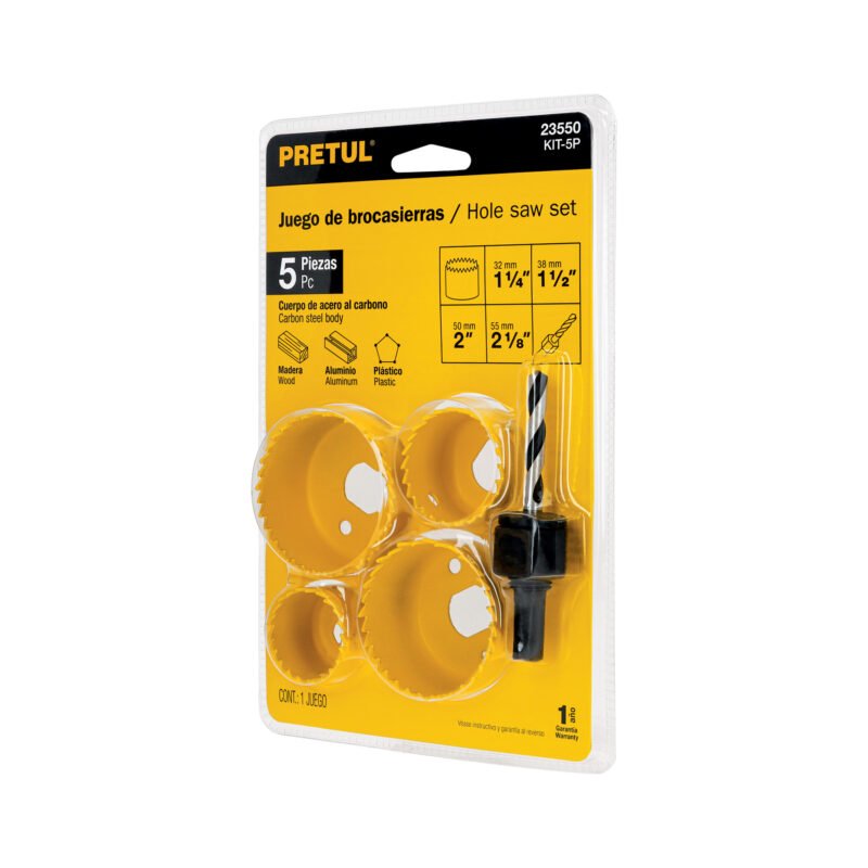 KIT-5P.jpg Código: 23550 Juego de 4 brocasierras acero al carbono y 1 mandril, Pretul KIT-5P