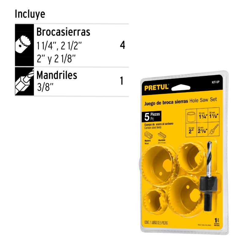 KIT-5PFC1.jpg Código: 23550 Juego de 4 brocasierras acero al carbono y 1 mandril, Pretul KIT-5P