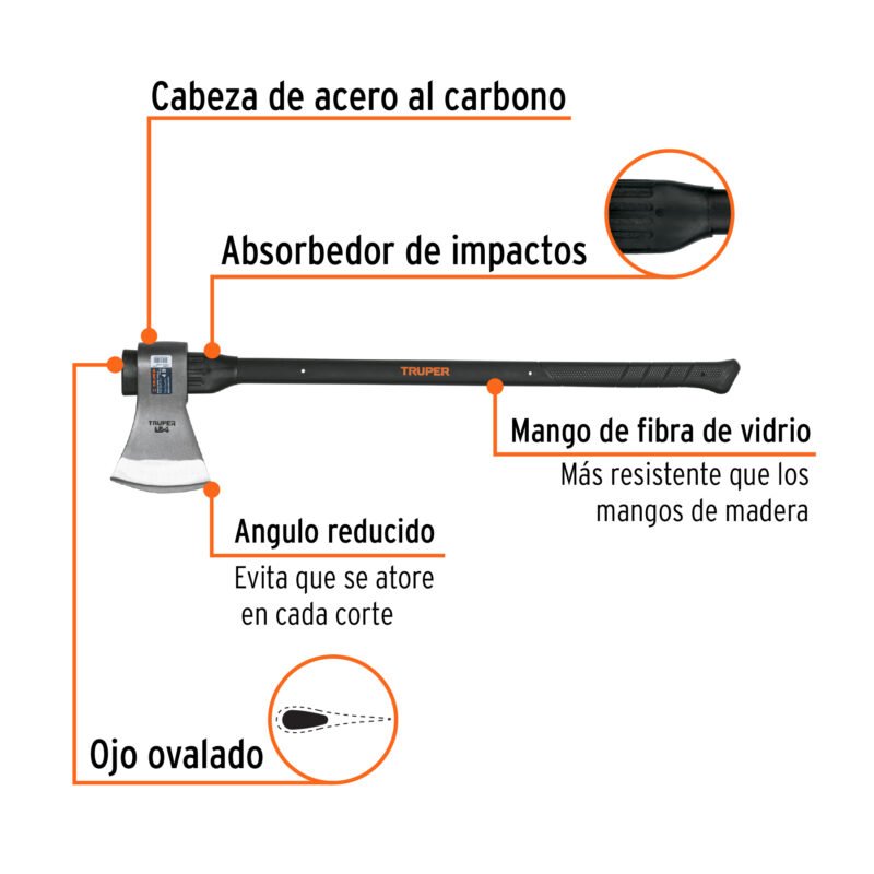 LE-4MFC1.jpg Código: 14982 Hacha labor entera 4 lb, mango de fibra de vidrio 36',TRUPER LE-4M