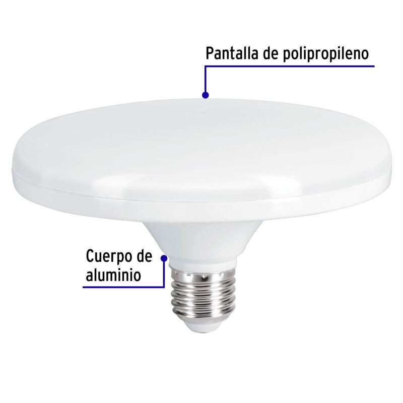 LEDCI-120CFC1.jpg Código: 45631 Lámpara LED tipo OVNI 18 W (equiv. 125 W), luz cálida, caja LEDCI-120C