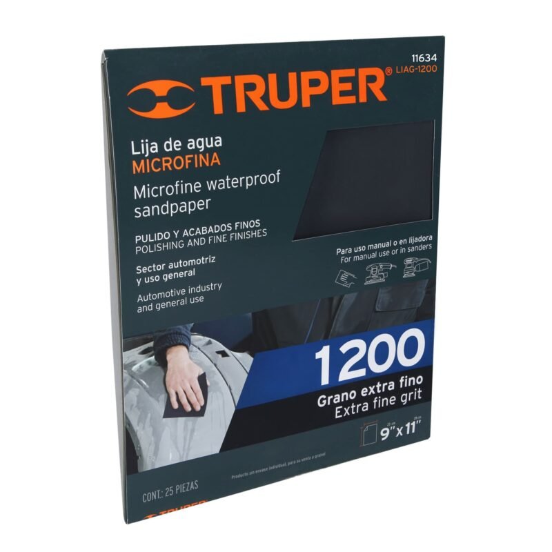 LIAG-1200.jpg Código: 11634 Lija de agua grano 1200 microfina carburo de silicio, Truper LIAG-1200