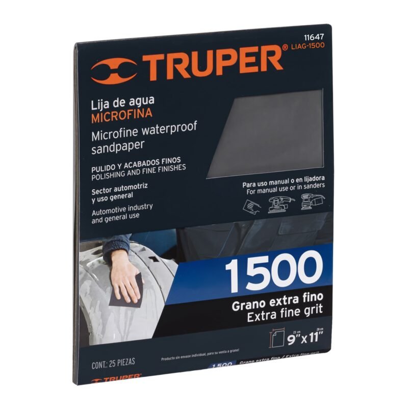 LIAG-1500.jpg Código: 11647 Lija de agua grano 1500 microfina carburo de silicio, Truper LIAG-1500