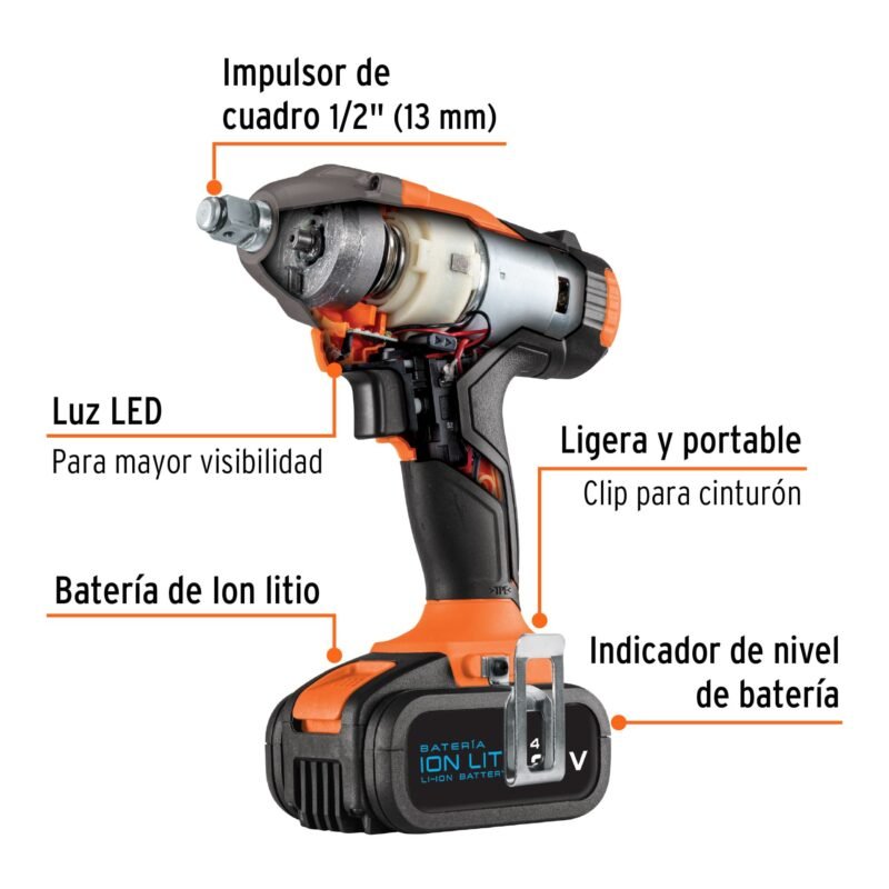 LIMI-20AFC1.jpg Código: 101607 Llave de impacto 1/2', 20V, 133 lb/ft, 1 batería 4Ah, PRO LIMI-20A