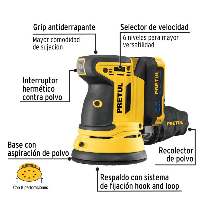 LIRI-20PFC1.jpg Código: 28271 Lijadora roto-orbital 5', 20V, 1 batería 2Ah, PRETUL LIRI-20P