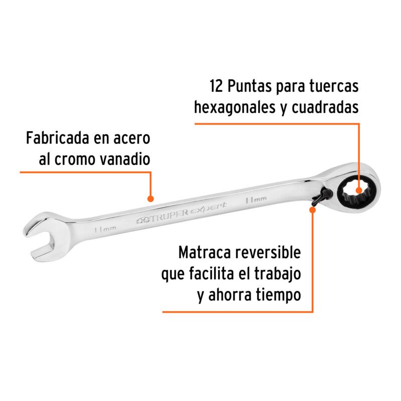 LL-2011MXRFC1.jpg Código: 13666 Llave combinada matraca reversible 11mmx160 mm largo, Expert LL-2011MXR