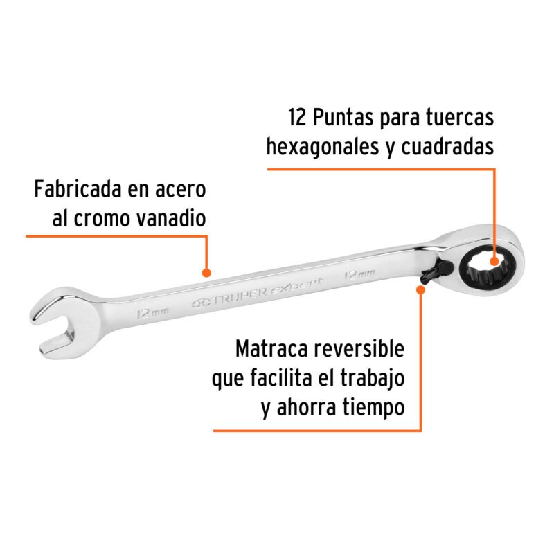 LL-2012MXRFC1.jpg Código: 13668 Llave combinada matraca reversible 12mmx168 mm largo, Expert LL-2012MXR