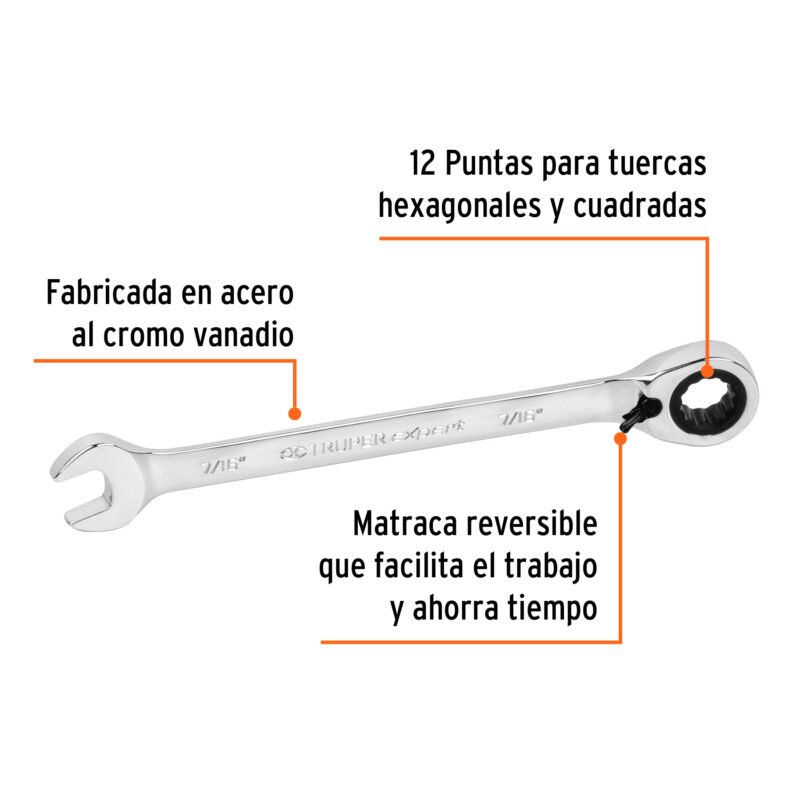Código: 13429 Llave combinada matraca reversible 7/16'x163 mm largo,Expert LL-2014XR