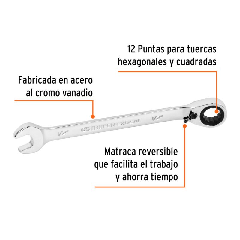 LL-2016XRFC1.jpg Código: 13431 Llave combinada matraca reversible 1/2'x178 mm largo, Expert LL-2016XR
