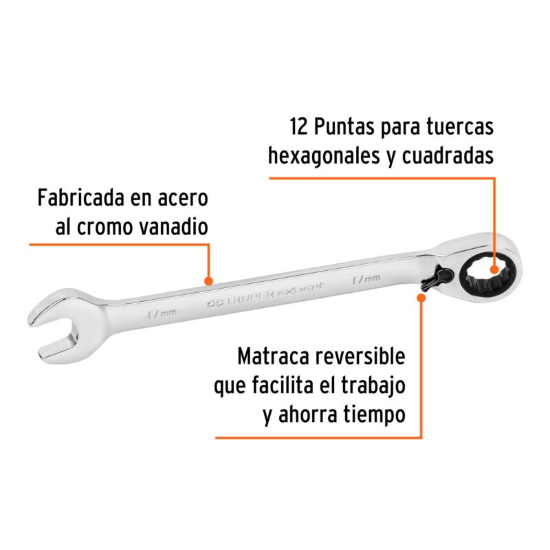 Código: 13728 Llave combinada matraca reversible 17mmx223 mm largo, Expert LL-2017MXR