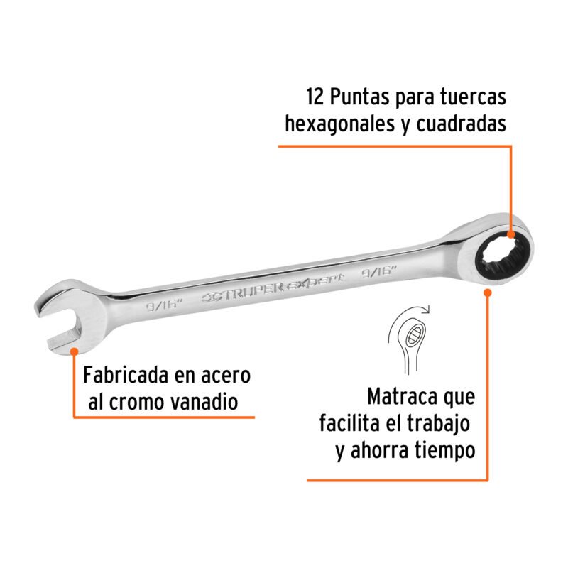 Código: 15739 Llave combinada con matraca 9/16' x 185 mm largo, Expert LL-2018X