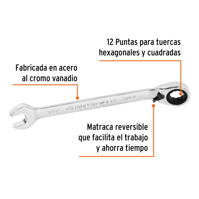 Código: 13548 Llave combinada matraca reversible 9/16'x188 mm largo,Expert LL-2018XR