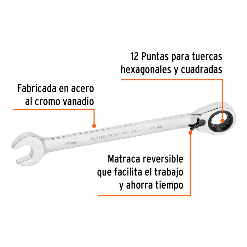 Código: 13758 Llave combinada matraca reversible 21mmx288 mm largo, Expert LL-2021MXR