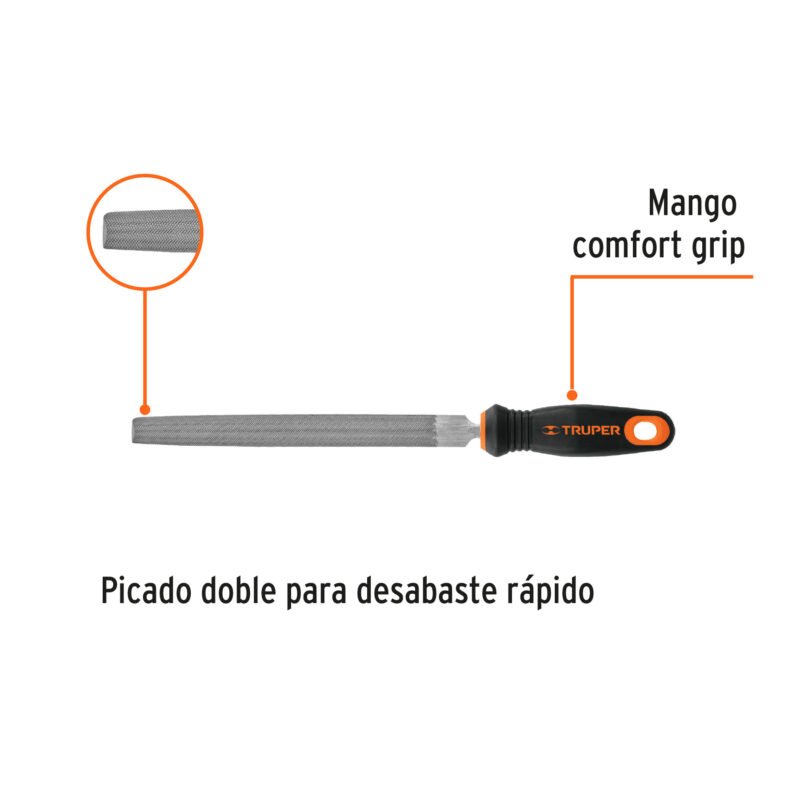 Código: 15318 Lima media caña bastarda 8' mango doble inyección, TRUPER LMCB-8T