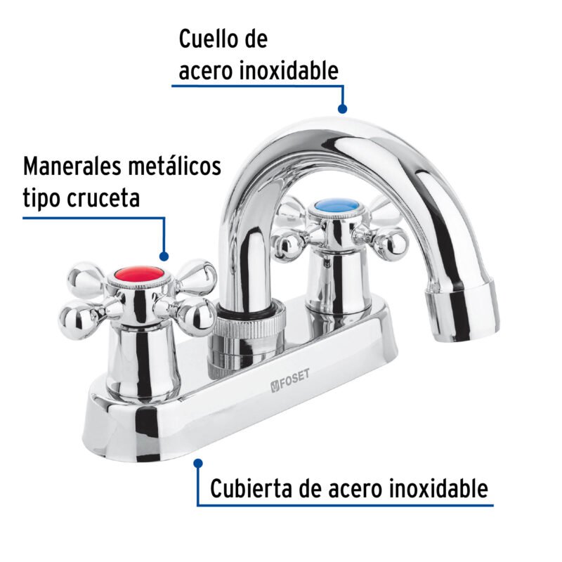 Código: 47681 Mezcladora 4' para lavabo, cuello curvo, manerales cruceta M-050E