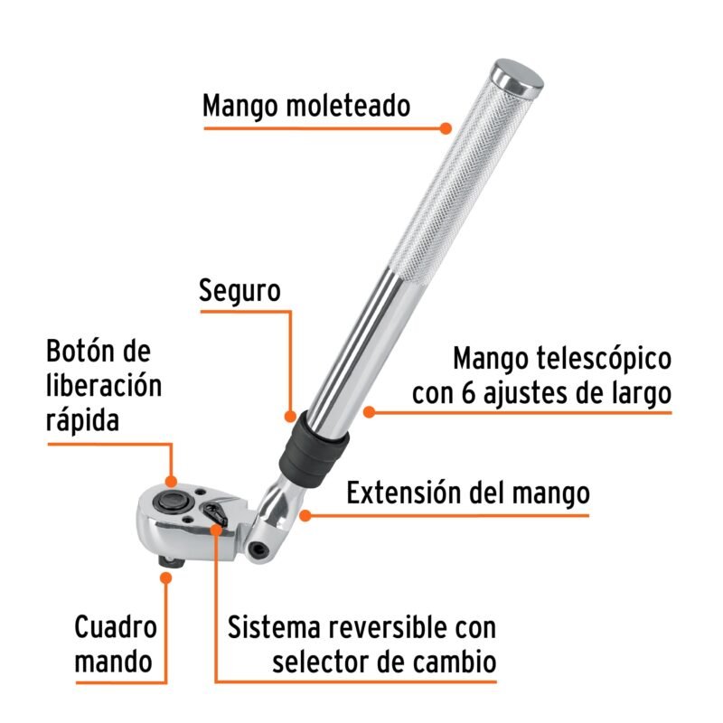 M-1290FC1.jpg Código: 13220 Matraca cuadro 1/2' telescópica de 19' con cabeza articulada M-1290