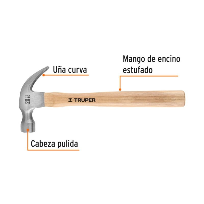 MA-20FC1.jpg Código: 16753 Martillo pulido, 20 oz, uña curva, mango madera, TRUPER MA-20