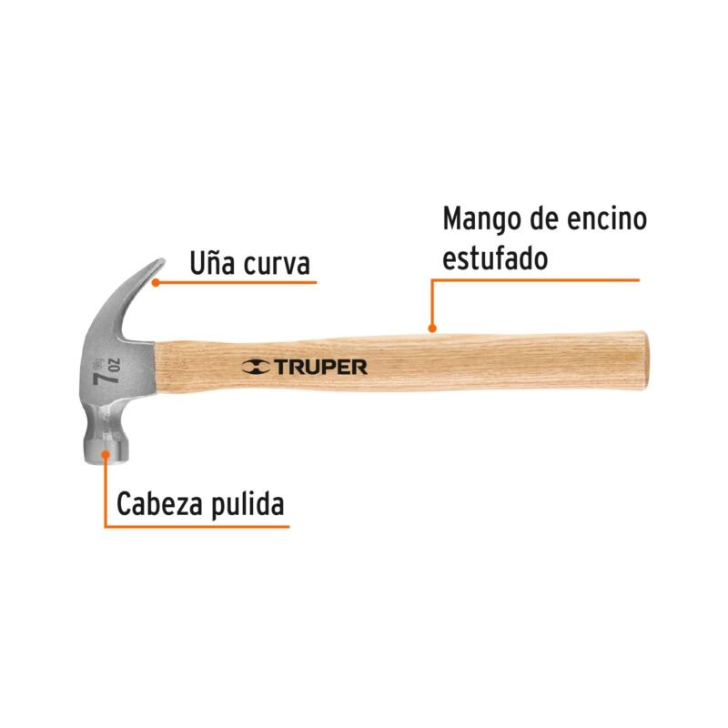 MA-7FC1.jpg Código: 16750 Martillo pulido, 7 oz, uña curva, mango madera, TRUPER MA-7