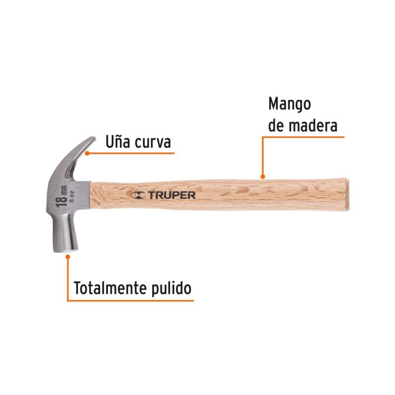MAC-18FC1.jpg Código: 10554 Martillo cabeza cónica 18 mm uña curva, mango madera, TRUPER MAC-18