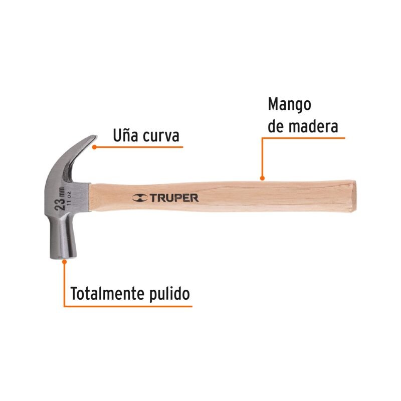 MAC-23FC1.jpg Código: 10557 Martillo cabeza cónica 23 mm uña curva, mango madera, TRUPER MAC-23