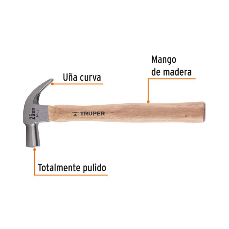 MAC-25FC1.jpg Código: 10558 Martillo cabeza cónica 25 mm uña curva, mango madera, TRUPER MAC-25
