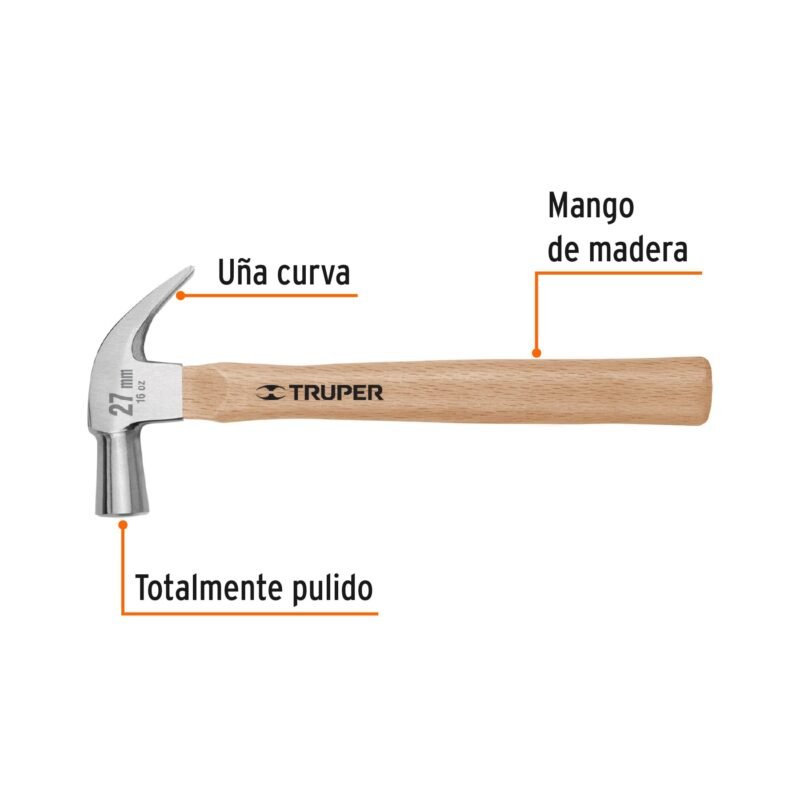 MAC-27FC1.jpg Código: 10560 Martillo cabeza cónica 27 mm uña curva, mango madera, TRUPER MAC-27