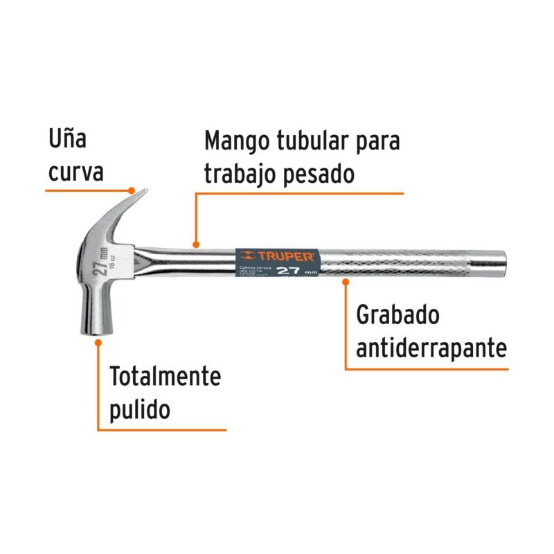 MAC-27TFC1.jpg Código: 10914 Martillo cabeza cónica 27 mm uña curva, mango tubular,TRUPER MAC-27T