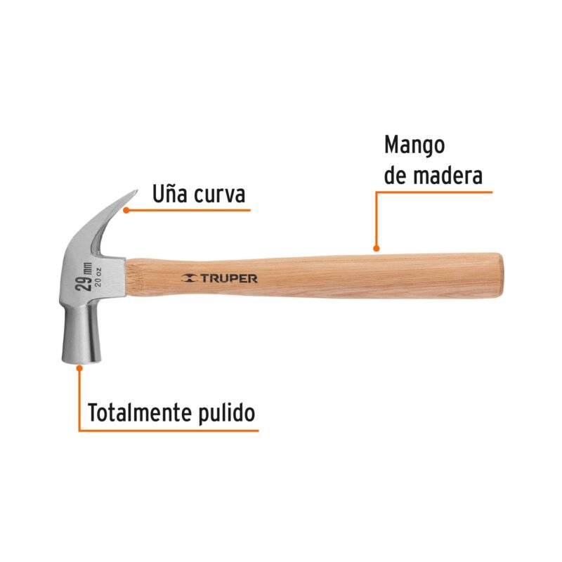 MAC-29FC1.jpg Código: 10561 Martillo cabeza cónica 29 mm uña curva, mango madera, TRUPER MAC-29