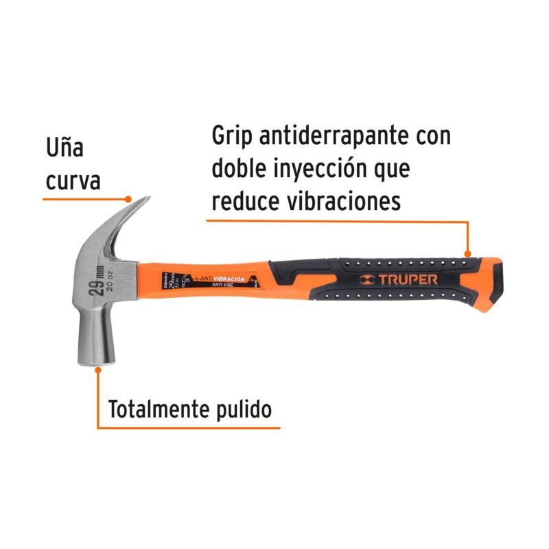 MAC-29FFC1.jpg Código: 10852 Martillo cabeza cónica 29 mm uña curva, mango fibra vidrio MAC-29F