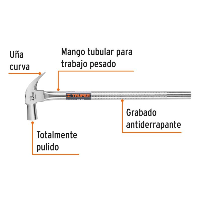 MAC-29TFC1.jpg Código: 11175 Martillo cabeza cónica 29 mm uña curva, mango tubular,TRUPER MAC-29T