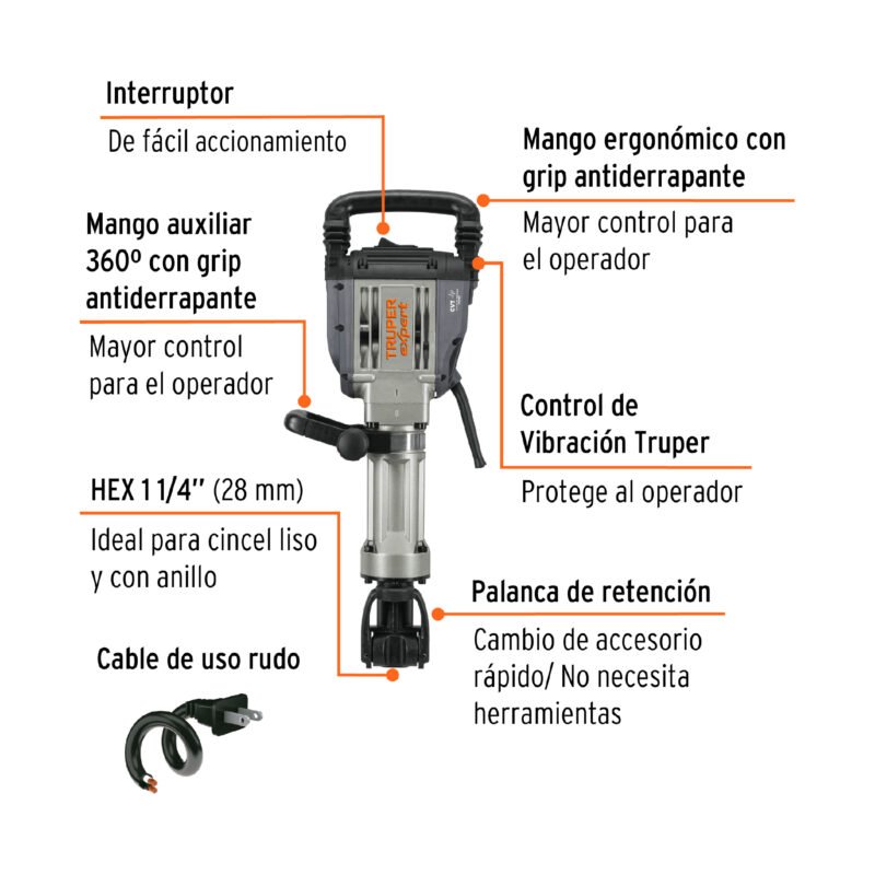 MADE-20NXFC1.jpg Código: 100893 Martillo demoledor HEX 20 kg, 55J, 1600W, TRUPER EXPERT MADE-20NX