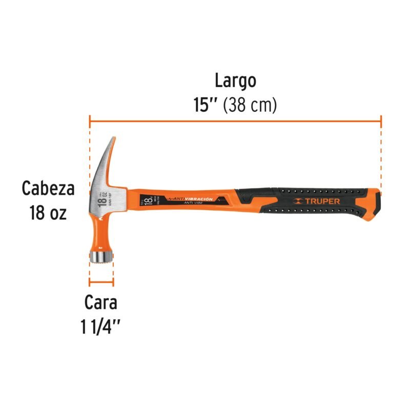 MAR-18FFC2.jpg Código: 10761 Martillo 18 oz uña recta, mango fibra de vidrio, Truper MAR-18F