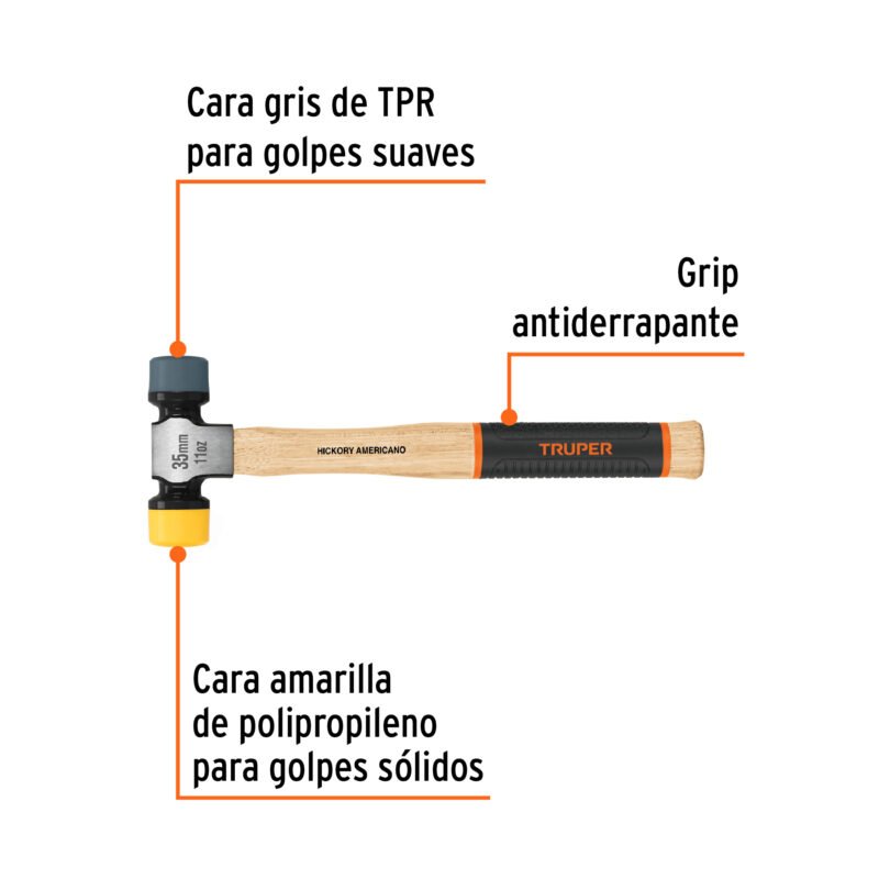 MASU-35FC1.jpg Código: 13137 Martillo 35 mm con caras suaves intercambiables, Truper Grip MASU-35