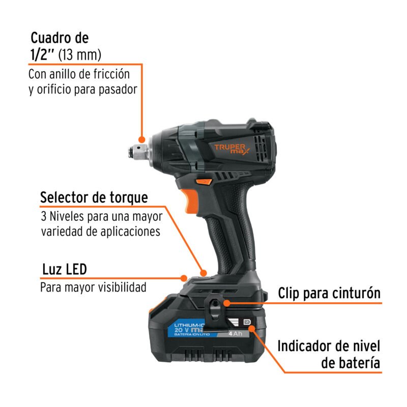 MAX-20LFC1.jpg Código: 101403 Llave de impacto 1/2', 20V, 155 lb/ft, 1 batería 4Ah, MAX MAX-20L