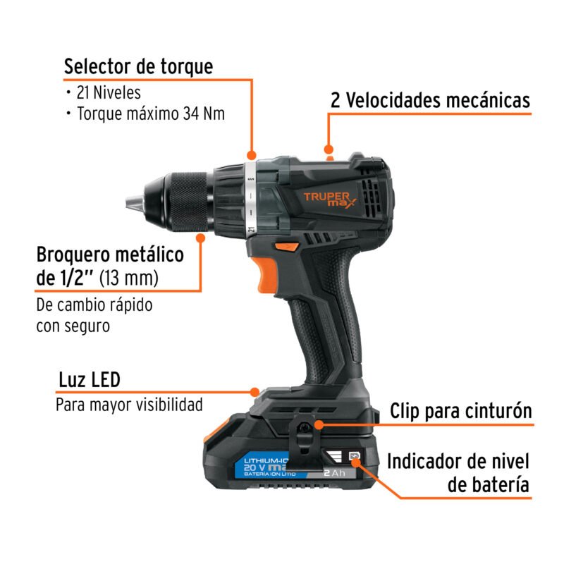 MAX-20TFC1.jpg Código: 101452 Taladro 1/2', 20V, 2 baterías 2Ah, MAX MAX-20T