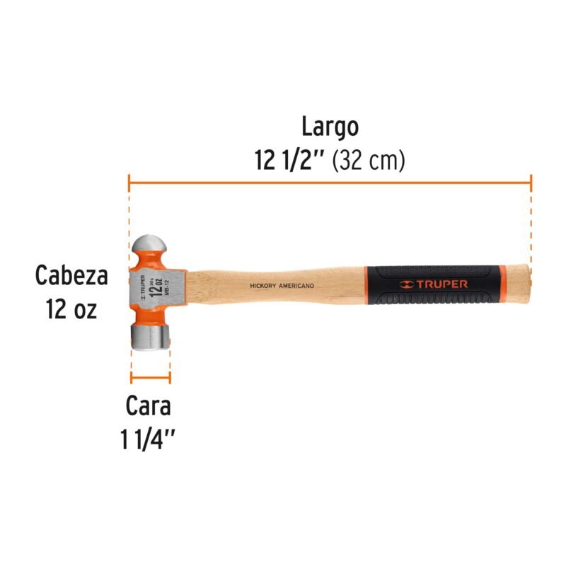 MB-12FC2.jpg Código: 16901 Martillo pulido de bola 12 oz mango hickory, Truper Grip MB-12