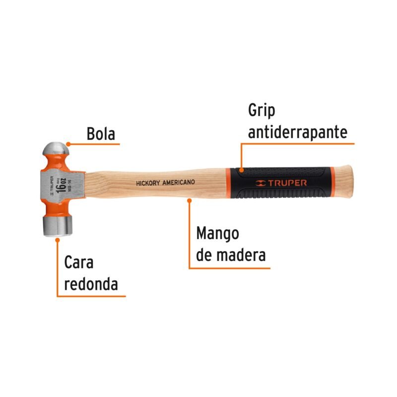 Código: 16902 Martillo pulido de bola 16 oz mango hickory, Truper Grip MB-16