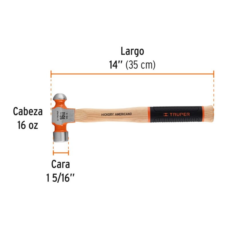 Código: 16902 Martillo pulido de bola 16 oz mango hickory, Truper Grip MB-16