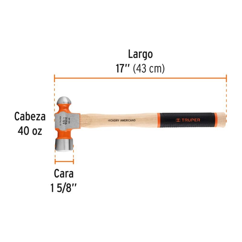 MB-40FC2.jpg Código: 16905 Martillo pulido de bola 40 oz mango hickory, Truper Grip MB-40