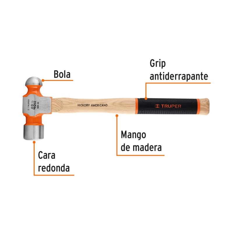 MB-48FC1.jpg Código: 16906 Martillo pulido de bola 48 oz mango hickory, Truper Grip MB-48
