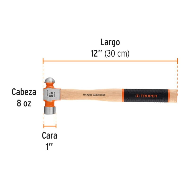 MB-8FC2.jpg Código: 16900 Martillo pulido de bola 8 oz mango hickory, Truper Grip MB-8