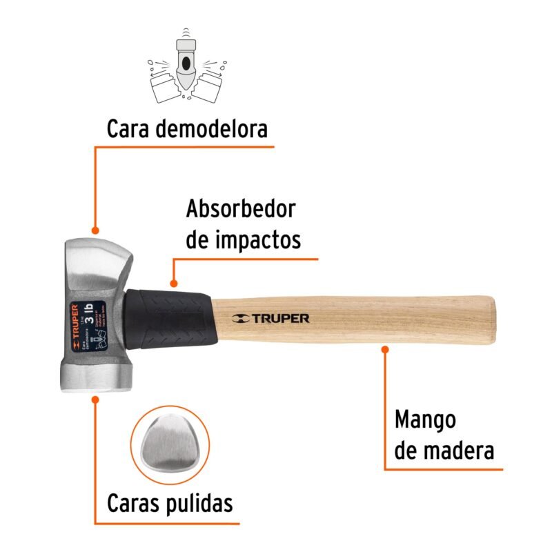 MD-3HXFC1.jpg Código: 11255 Marro demoledor 3 lb, mango 12', Truper MD-3HX