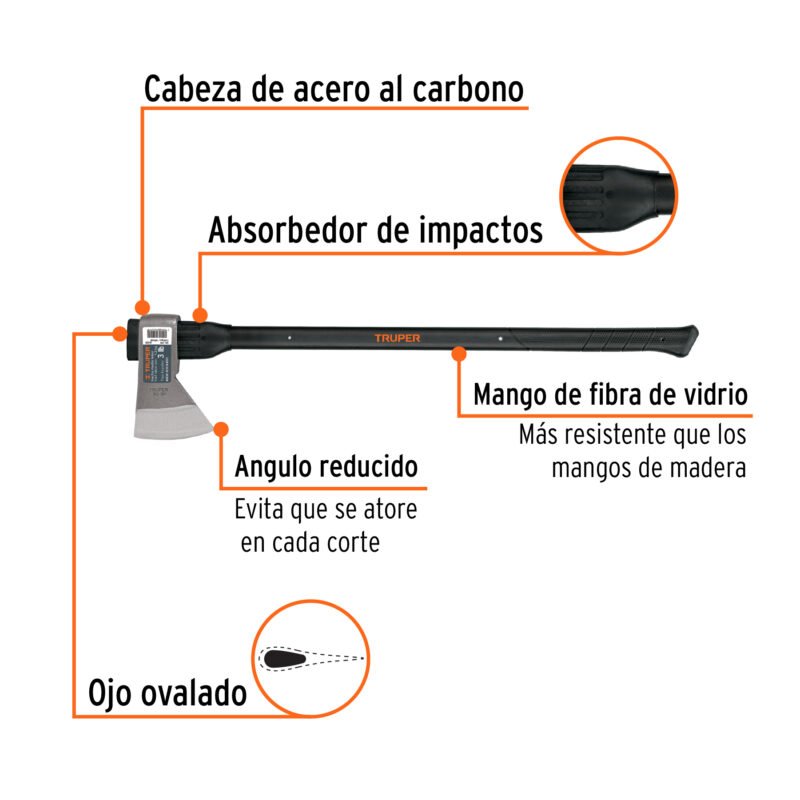 Código: 14968 Hacha media labor 3 lb, mango de fibra de vidrio 36', TRUPER ML-3M