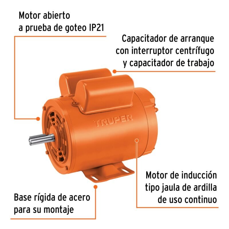 MOE-1BFC2.jpg Código: 102305 Motor eléctrico monofásico de 1 HP, baja velocidad, Truper MOE-1B